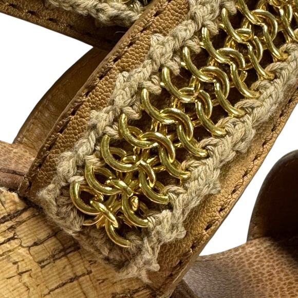 Tory Burch Lucian Tan Leather Gold Chain Strappy Wedge Sandals - Size 7 ½ - Picture 8 of 11